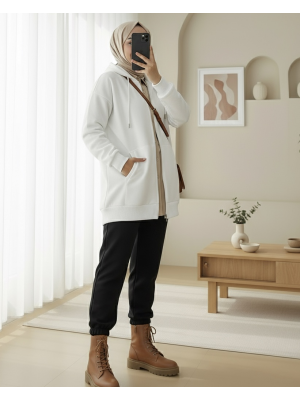 Kapşonlu Cepli Fermuarlı Şardonlu Sweat -Beyaz