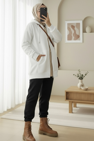 Kapşonlu Cepli Fermuarlı Şardonlu Sweat -Beyaz