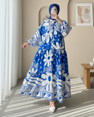 Half Buttoned Floral Cotton Polyviscose Dress-Blue