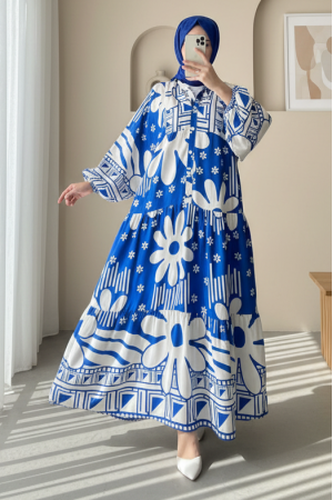 Yarım Düğmeli Parçalı Çiçekli Pamuklu Poliviskon Elbise-Mavi