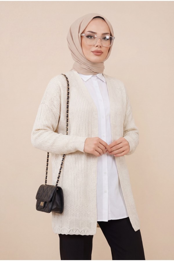 Openwork Cardigan with Patterned Skirt -Stone