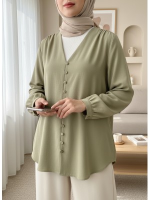 V Yaka Düğmeli Arkası Uzun Gömlek -Zeytin