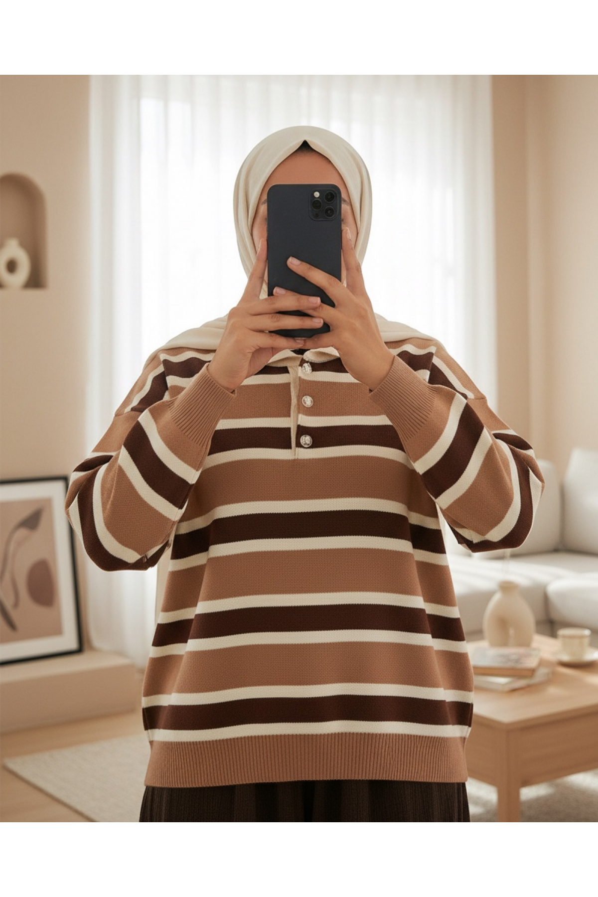 Women's Striped Polo Neck Knitwear Sweater 15952 