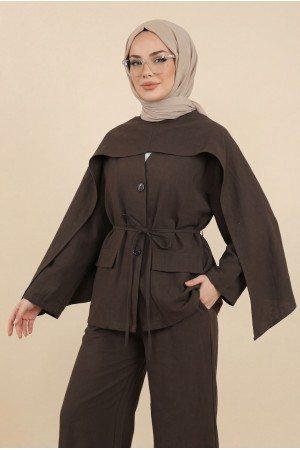 Cep Detaylı V Yaka Bağcıklı Fularlı Paraşüt Takım  -Kahve
