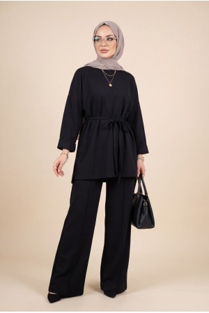Yırtmaçlı Beli Bağcıklı Kolu Katlamalı Pantolonlu Oyşo Takım -Siyah