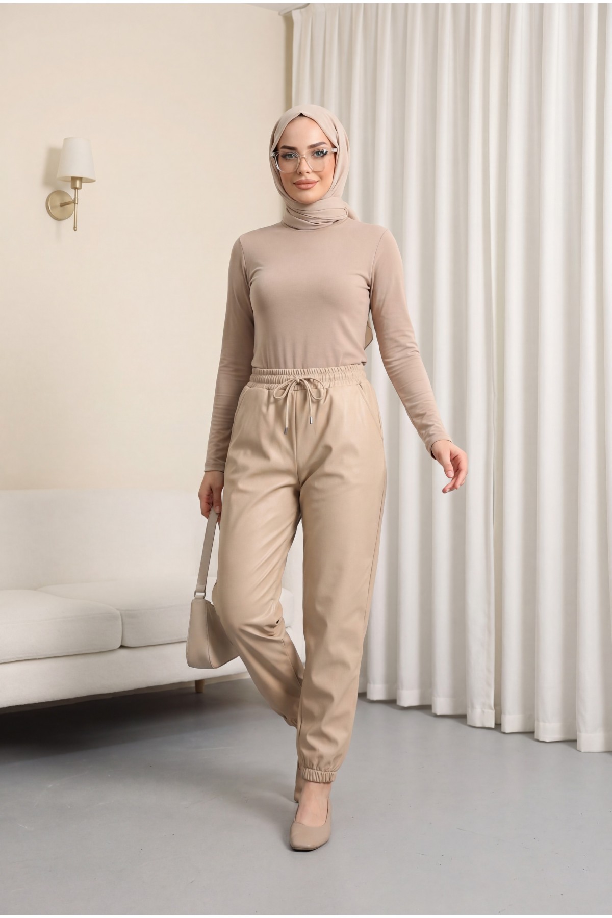 Elastic Waist and Leg Leather Trousers with Pockets - Beige