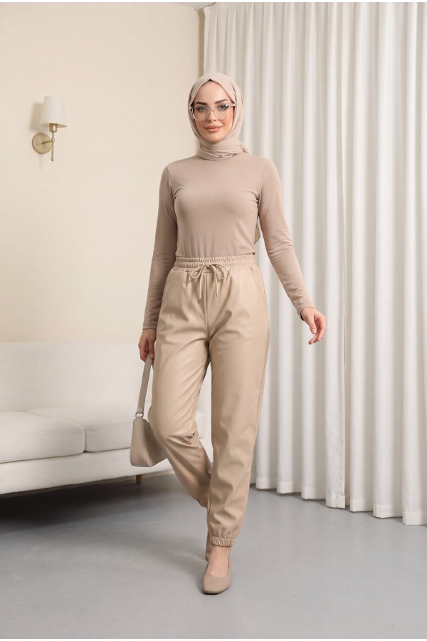 Elastic Waist and Leg Leather Trousers with Pockets - Beige