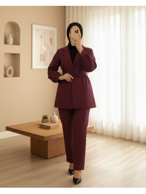 Kemeri Gül Detaylı Kruvaze Yaka Ceket Pantolon Takım   -Bordo