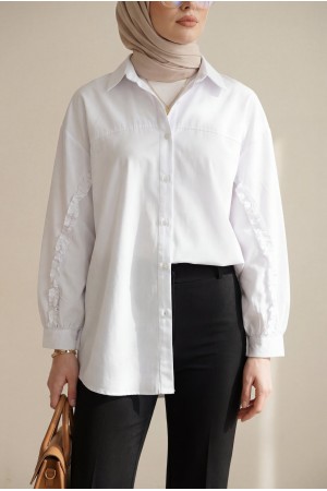 Buttoned Poplin Shirt with Ruffled Sleeves -White