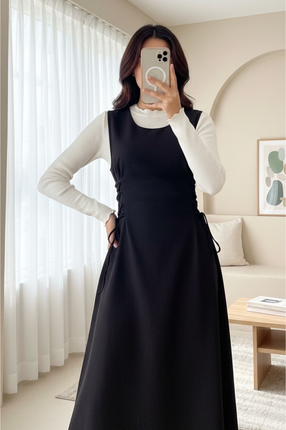Side Tie Double Fabric Vest -Black