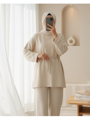 Compact Combed Cotton Tunic with Folded Sleeves and Tied Waist and Slit - Beige