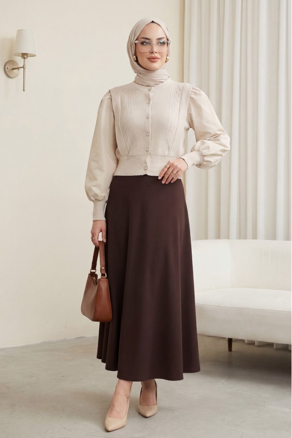 Poplin Buttoned Knit Cardigan with Sleeve Detail -Stone