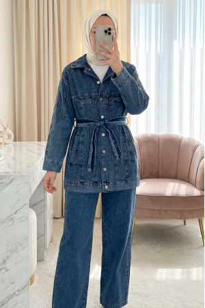 Cepli Önü Düğmeli Beli Kemerli Taşlı Kot Takım -Buz Mavi