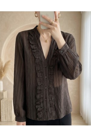 V Yaka Önü Fırfırlı Tensel Yari Transparan Buket Gömlek -K. Kahve