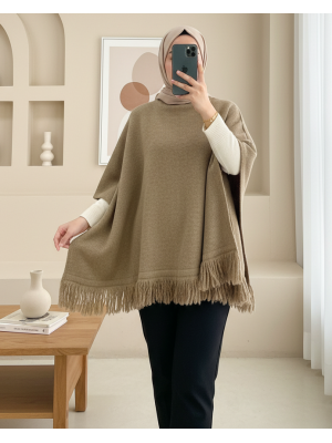 Eteği Püskül Detaylı Triko Panço  -Vizon