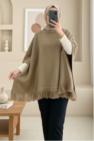 Eteği Püskül Detaylı Triko Panço  -Vizon