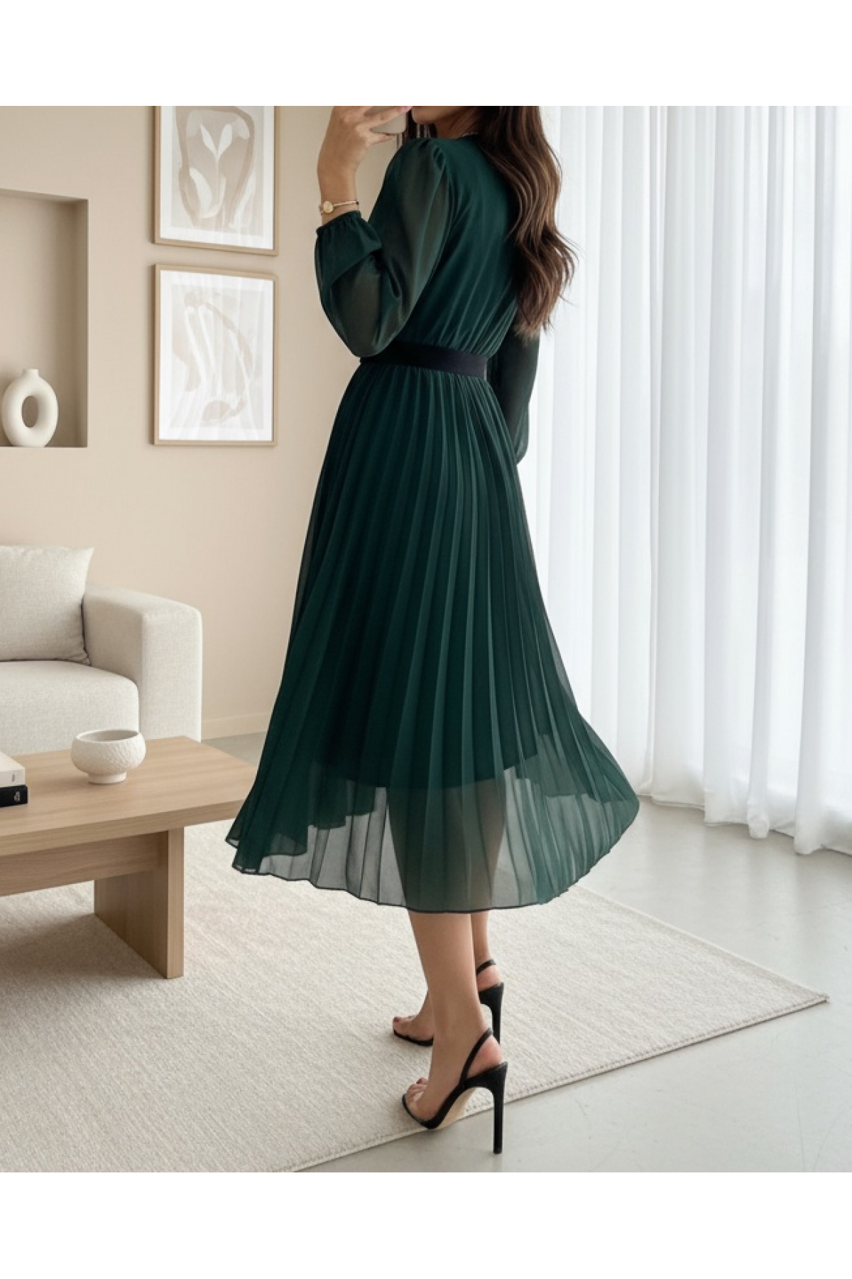 Women's Chiffon Fabric Lined Flared Cut Double Breasted Midi Length Dress