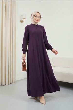 Yan Cepli Boydan Fermuarlı Kolu Lastikli Ferace -Mor