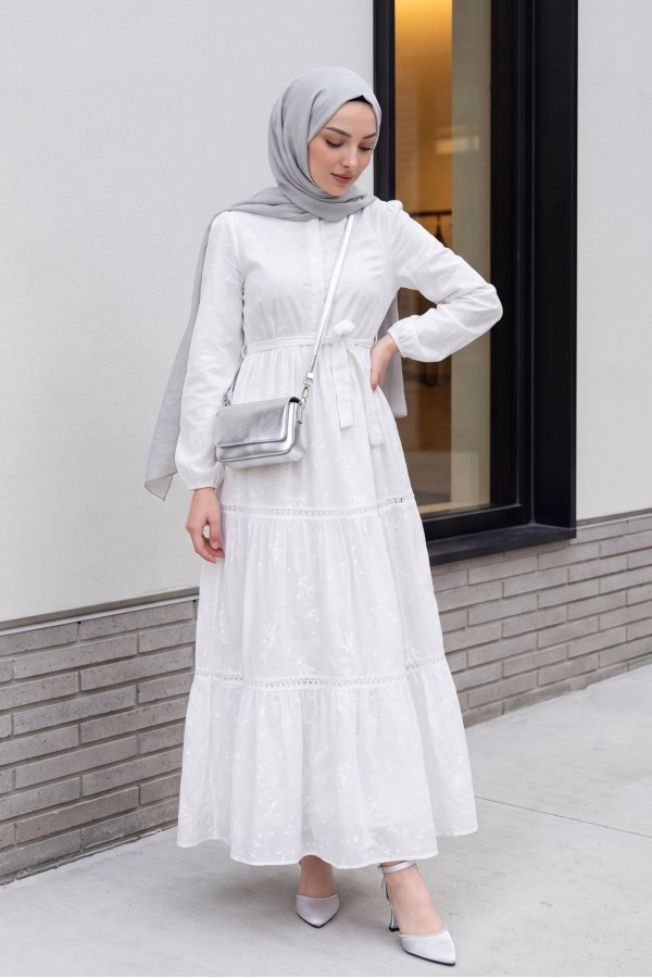 Ruffled Lace Strip Detail Dress -White