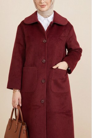 Boydan Düğmeli Cepli Kaban  -Bordo