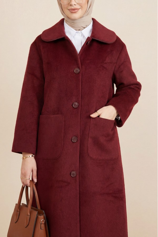 Boydan Düğmeli Cepli Kaban  -Bordo