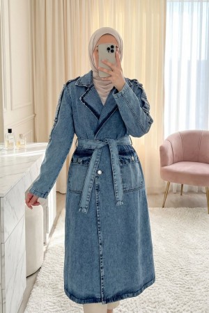 Denim Trench Coat with Pockets, Belt, and Button Closure -Ice Blue