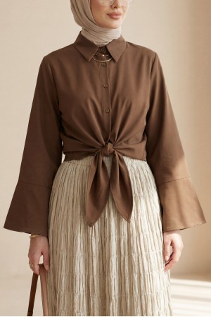 Beli Bağlamalı İspanyol Kol Poplin Gömlek Bluz -Kahve