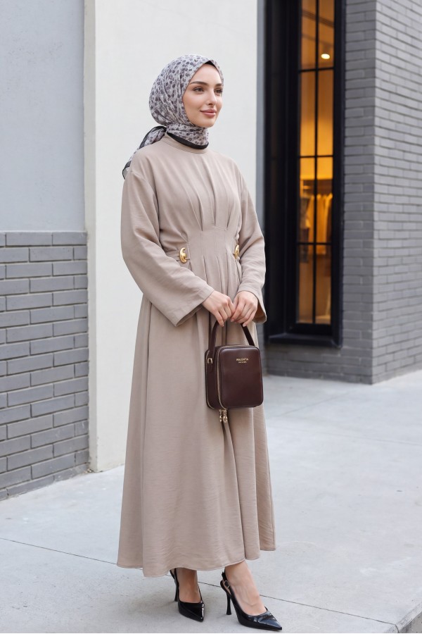 Pleated Modal Dress with Belt and Buckle Detail   -Mink color