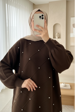 Square Patterned Knit Tunic with Stone Details -Brown
