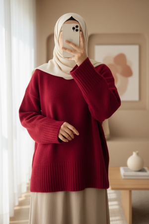 Crew Neck Skirted Ribbed Casual Knitwear Sweater         -Red