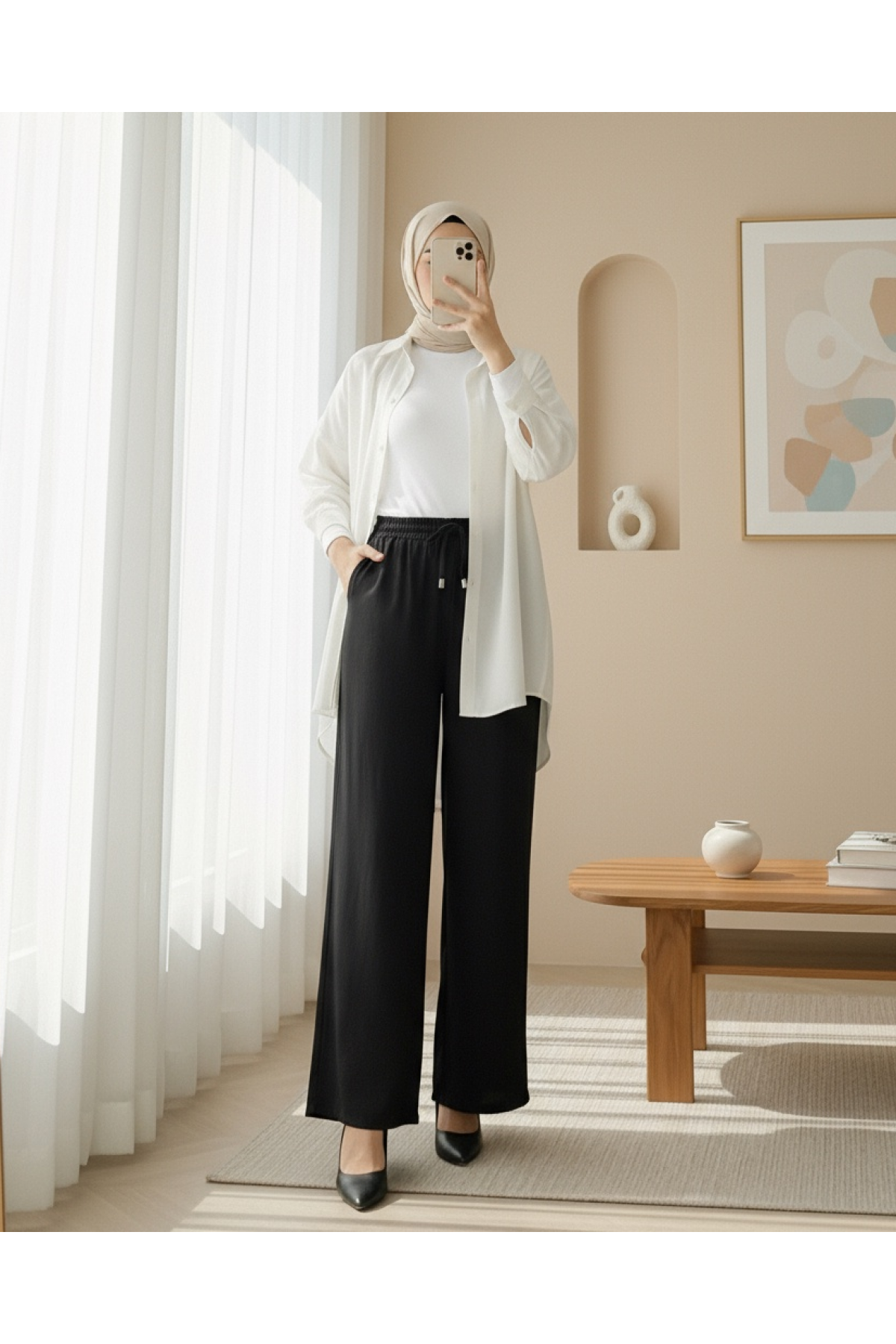 Elastic Waist Lace Detail Wide Leg Sofia Linen Trousers  -Black