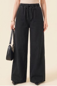 Bol Paça Beli Lastikli Bağcık Detaylı Kot Pantolon  -Siyah