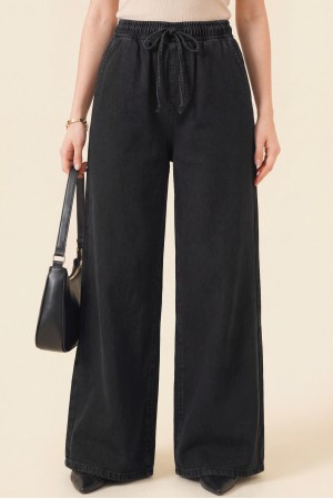 Wide Leg Waist Elastic Lacing Detail Jeans  -Black