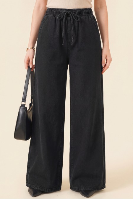 Bol Paça Beli Lastikli Bağcık Detaylı Kot Pantolon  -Siyah