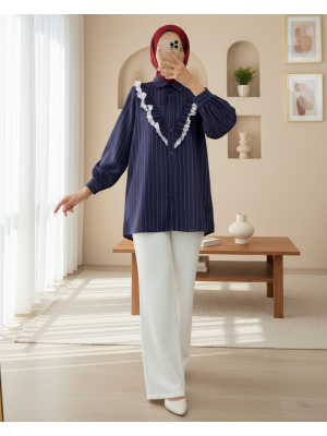 Boydan Düğmeli Önü Dantelli Fırfırlı Çizgili Gömlek -Laci