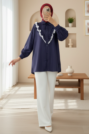 Boydan Düğmeli Önü Dantelli Fırfırlı Çizgili Gömlek -Laci