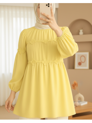 Kolları Lastikli Papatya Detaylı Poplin Tunik -Sarı