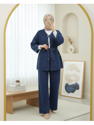 Önü Düğmeli Çİft Cepli Kuşaklı Kot Takım  -İndigo