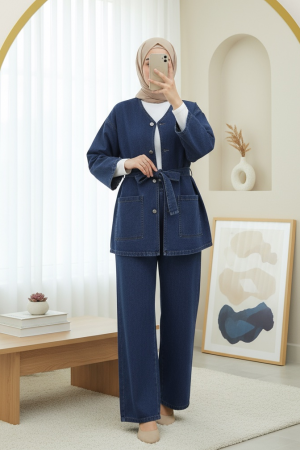 Önü Düğmeli Çİft Cepli Kuşaklı Kot Takım  -İndigo