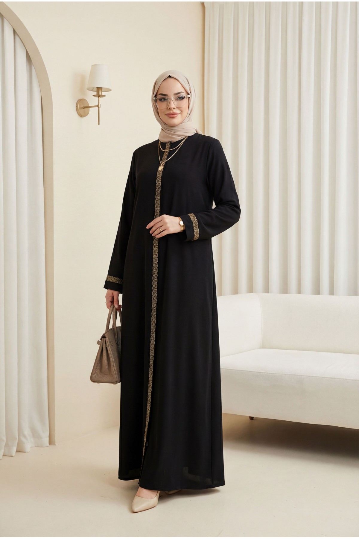 Plus Size Abaya with Floral Embroidery, Black HM2844