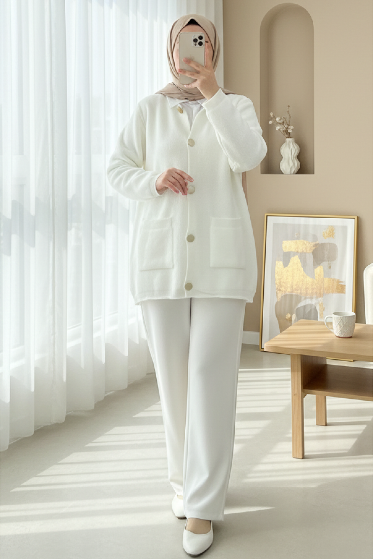 Soft Knit Cardigan with Buttoned Front and Double Pockets -White