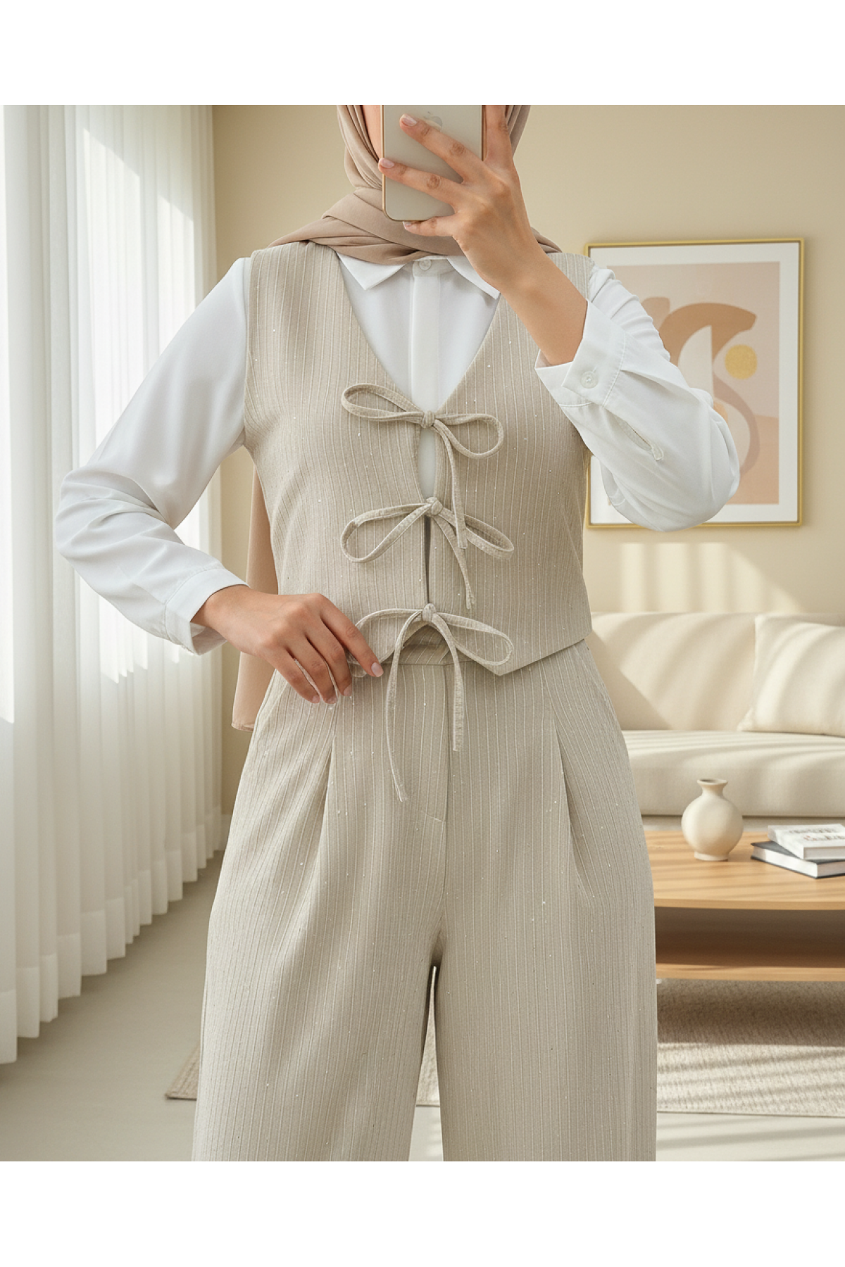 Tie-Front Vest and Trouser Velvet Set - Beige