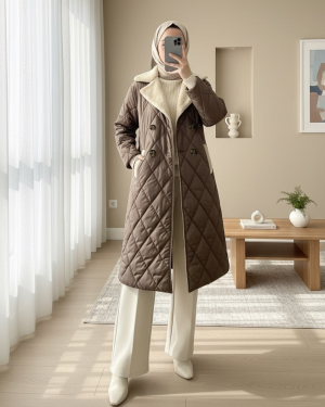 Fur Collar, Belted Waist, Buttoned, Lined, Quilted Coat - Soil