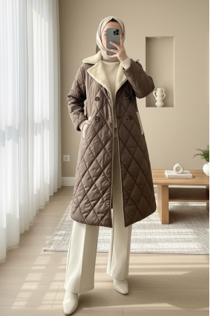 Fur Collar, Belted Waist, Buttoned, Lined, Quilted Coat - Soil