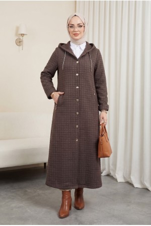 Long Quilted Coat with Chain Detail on Collar    - Soil