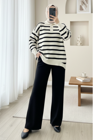 Polo Yaka Düğmeli Çizgili Triko Takım  -Siyah