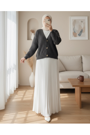 Örgü Desen Düğmeli Hırka   -Antrasit