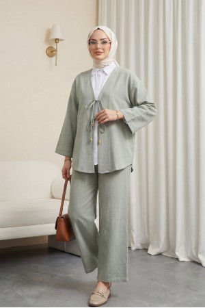 طقم كيمونو مع بنطال برباط أمامي مزدوج  -لون النعناع