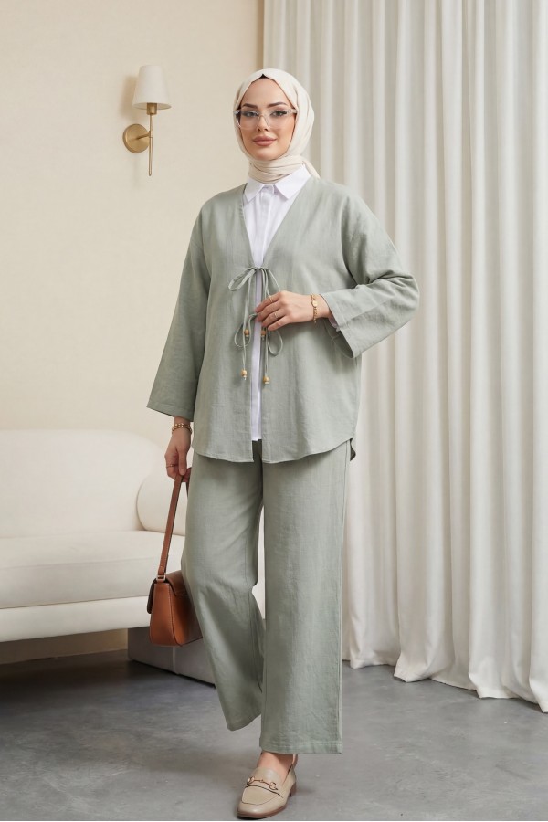 Önü Çift Bağlamalı Pantolonlu Kimono Takım  -Mint
