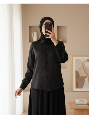 3964 Hafif Dökümlü Saten Gömlek - Siyah